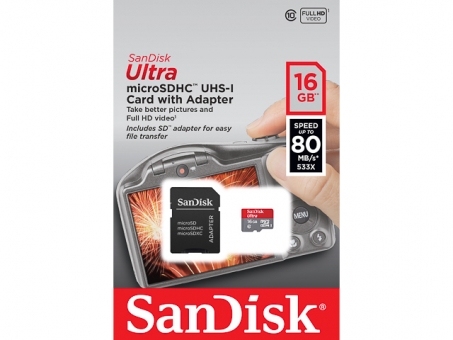 16GB SanDisk Ultra Micro SDHC UHS-I Class 10 / inkl. SD-Adapter max.80MB/s 