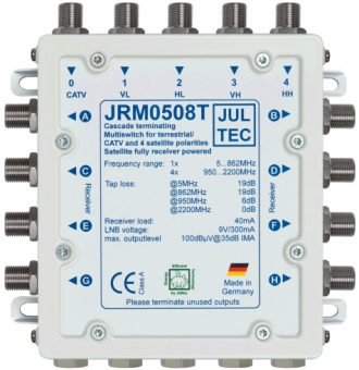 JulTec JRM0508T Multiswitch , 5 Stammeingänge , 8 Ausgänge (terminiert) , komplett Receiver gespeist 
