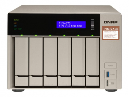 QNAP TVS-673-64G NAS 6-Bay , AMD RX421BD 4x2,1GHz , 64GB DDR4 RAM 6x 2.5/3.5+2x M.2 2280/2260 SATA 6Gb/s drives USB 3.1 